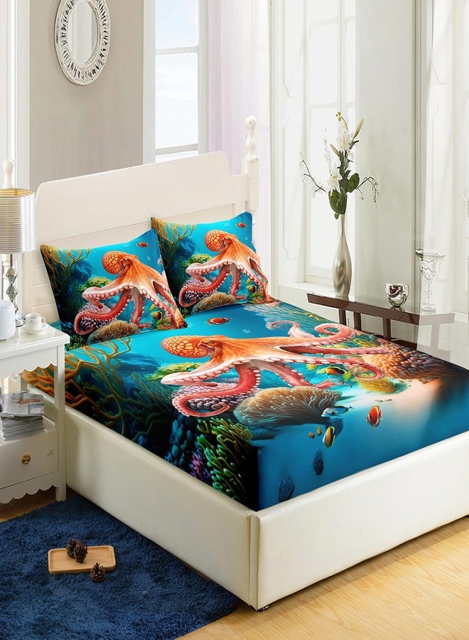 AILONEN Octopus Fitted Sheet Twin Size, 3D Octopus Turquoise Themed Bedding Set for Kids Boys,Boho Mandala Ocean Theme Bedding Set,3 Pieces,1 Soft Breathable Fitted Sheet and 2 Pillowcases - Image 3